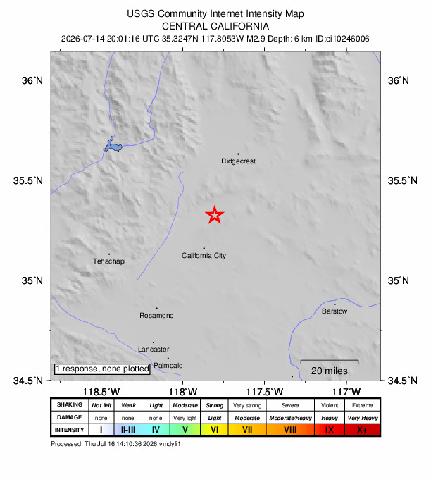 USGS DYFI community-reported intensity map for the M1.3 earthquake near 16 km WSW of Johannesburg, CA