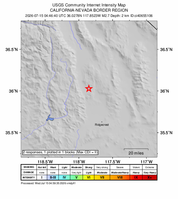 USGS DYFI community-reported intensity map for the M2.7 earthquake near 9 km ESE of Coso Junction, CA