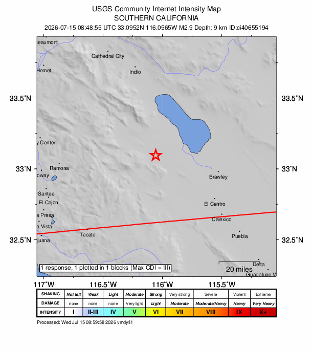 USGS DYFI community-reported intensity map for the M2.9 earthquake near 9 km SE of Ocotillo Wells, CA