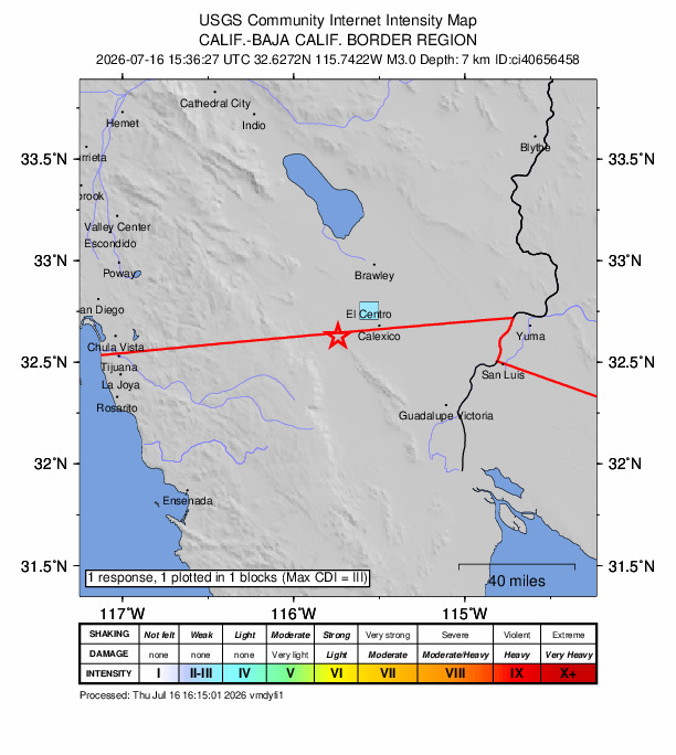 USGS DYFI community-reported intensity map for the M3.0 earthquake near 16 km WNW of Progreso, B.C., MX