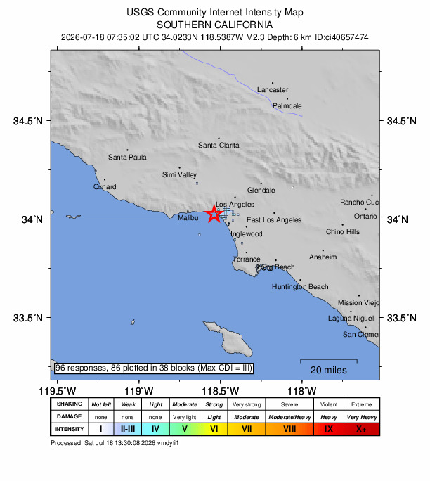 USGS DYFI community-reported intensity map for the M2.3 earthquake near 4 km W of Santa Monica, CA
