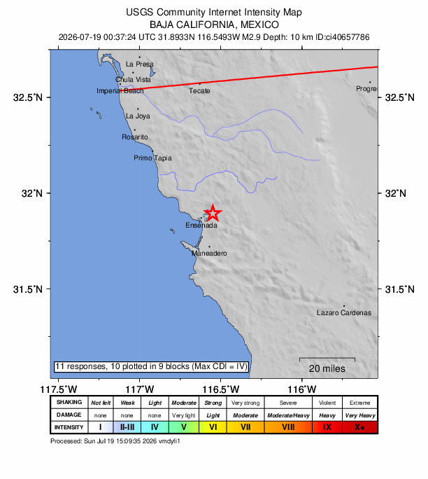 USGS DYFI community-reported intensity map for the M2.9 earthquake near 7 km ENE of Ensenada, B.C., MX