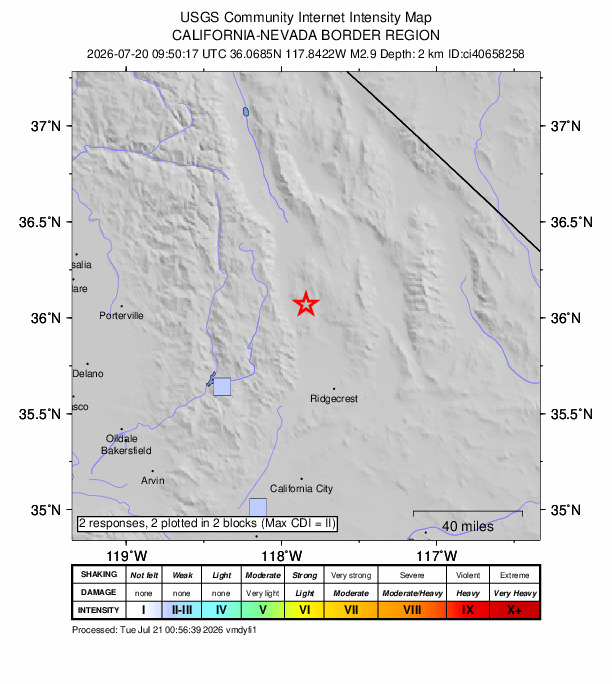 USGS DYFI community-reported intensity map for the M2.9 earthquake near 10 km ENE of Coso Junction, CA