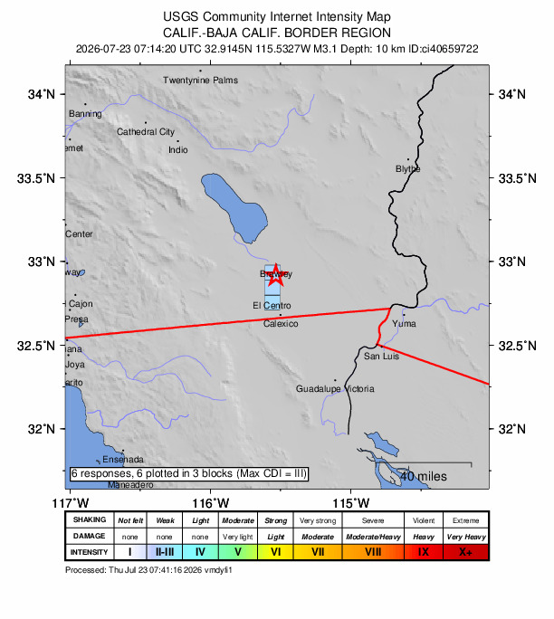USGS DYFI community-reported intensity map for the M3.1 earthquake near 7 km S of Brawley, CA