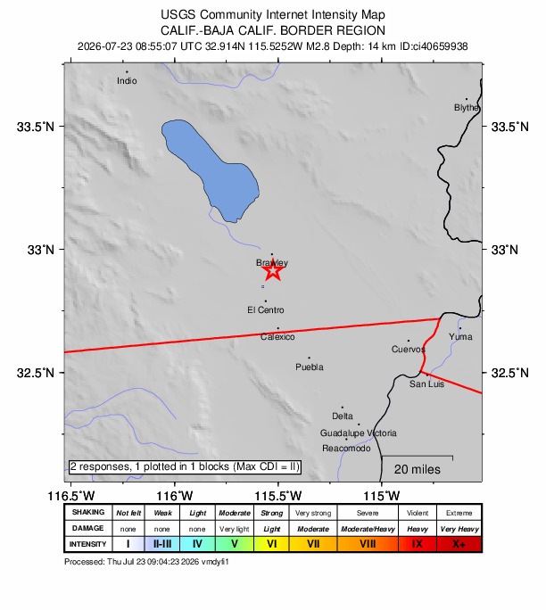 USGS DYFI community-reported intensity map for the M2.8 earthquake near 7 km S of Brawley, CA