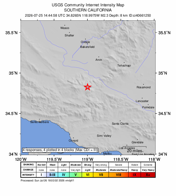 USGS DYFI community-reported intensity map for the M2.3 earthquake near 5 km W of Frazier Park, CA