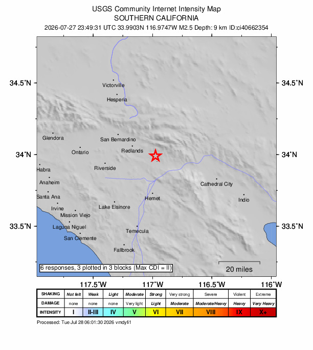 USGS DYFI community-reported intensity map for the M2.5 earthquake near 7 km N of Beaumont, CA