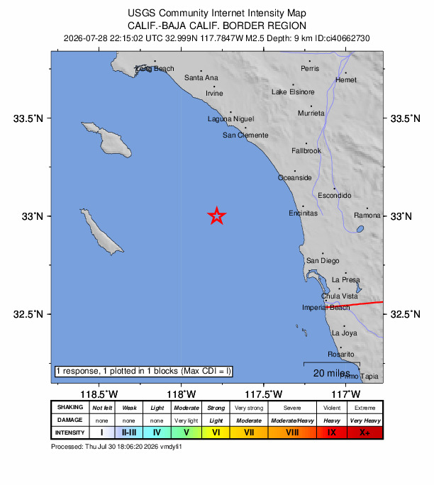 USGS DYFI community-reported intensity map for the M2.5 earthquake near 44 km WSW of Carlsbad, CA