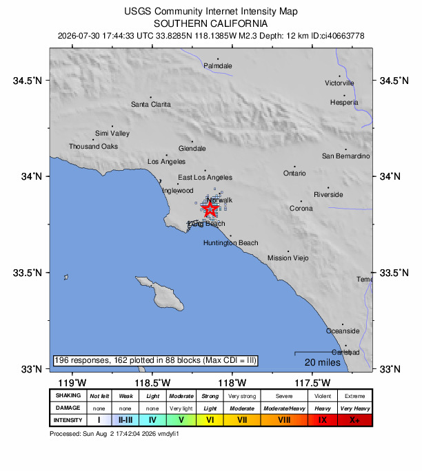 USGS DYFI community-reported intensity map for the M2.3 earthquake near 3 km S of Lakewood, CA