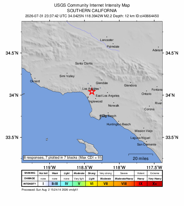 USGS DYFI community-reported intensity map for the M2.2 earthquake near 2 km N of Culver City, CA