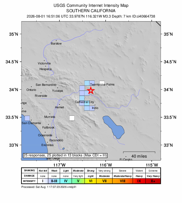 USGS DYFI community-reported intensity map for the M3.3 earthquake near 17 km E of Desert Hot Springs, CA