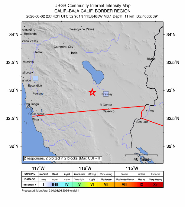 USGS DYFI community-reported intensity map for the M3.1 earthquake near 23 km WSW of Westmorland, CA