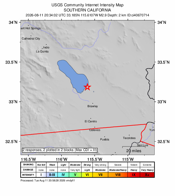 USGS DYFI community-reported intensity map for the M2.9 earthquake near 11 km SW of Niland, CA