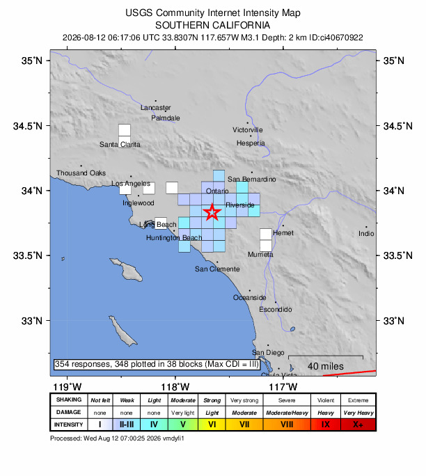 USGS DYFI community-reported intensity map for the M3.1 earthquake near 9 km WSW of Corona, CA