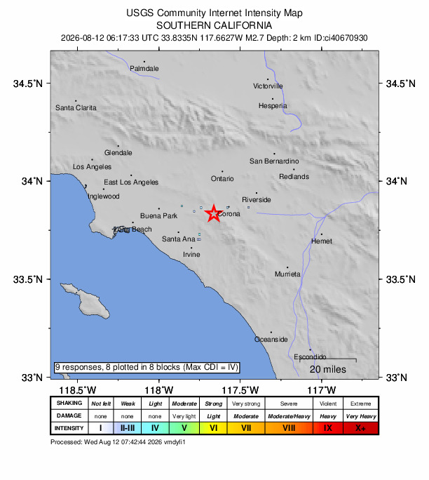 USGS DYFI community-reported intensity map for the M2.7 earthquake near 10 km WSW of Corona, CA
