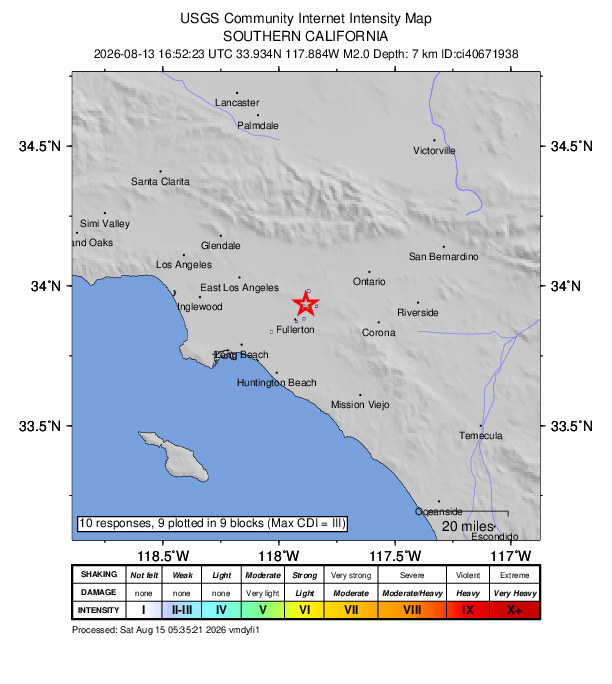 USGS DYFI community-reported intensity map for the M2.0 earthquake near 2 km NE of Brea, CA