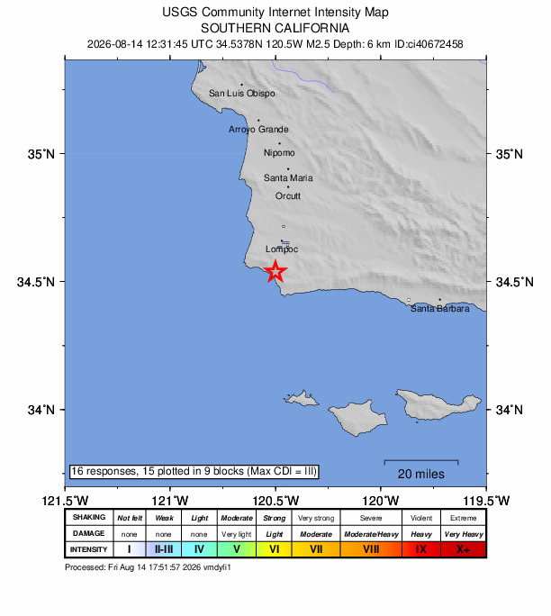 USGS DYFI community-reported intensity map for the M2.5 earthquake near 12 km SSW of Lompoc, CA