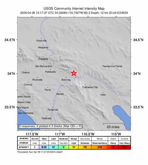 USGS DYFI community-reported intensity map for the M2.3 earthquake near 10 km NNE of Cabazon, CA