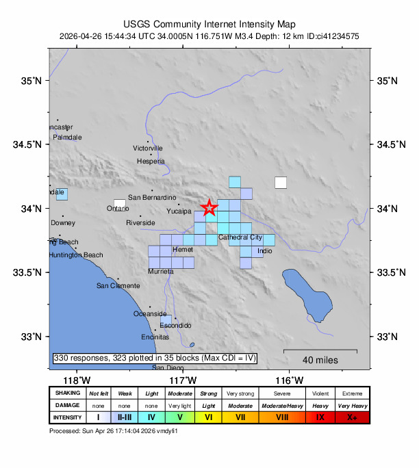 USGS DYFI community-reported intensity map for the M3.4 earthquake near 10 km NNE of Cabazon, CA