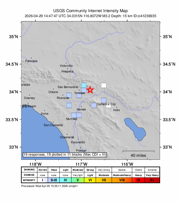 USGS DYFI community-reported intensity map for the M3.2 earthquake near 13 km N of Cabazon, CA