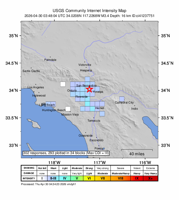 USGS DYFI community-reported intensity map for the M3.4 earthquake near 4 km SE of Loma Linda, CA