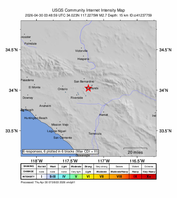 USGS DYFI community-reported intensity map for the M2.7 earthquake near 4 km SE of Loma Linda, CA