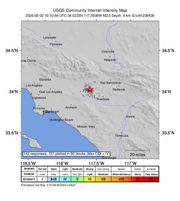 USGS DYFI community-reported intensity map for the M2.5 earthquake near 5 km SE of Ontario, CA