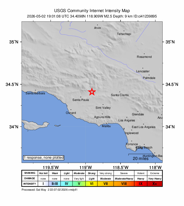 USGS DYFI community-reported intensity map for the M2.5 earthquake near 1 km NE of Fillmore, CA