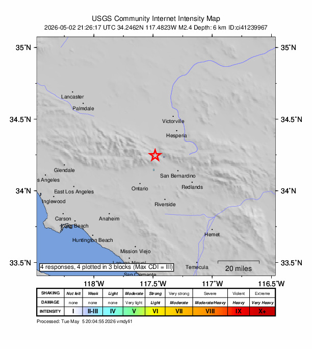 USGS DYFI community-reported intensity map for the M2.4 earthquake near 2 km SE of Lytle Creek, CA