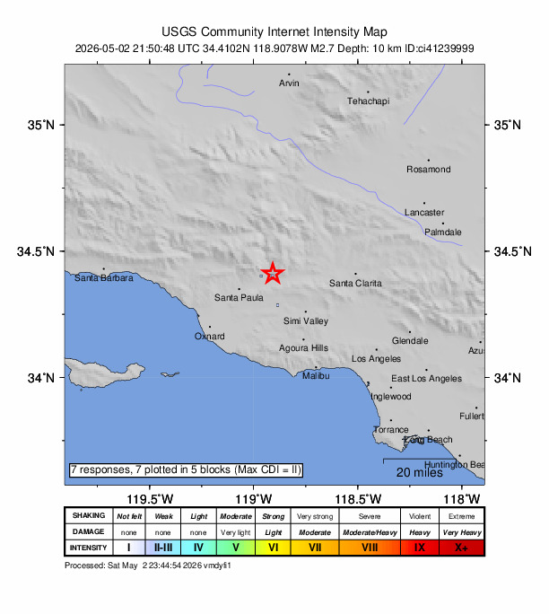 USGS DYFI community-reported intensity map for the M2.7 earthquake near 2 km NE of Fillmore, CA
