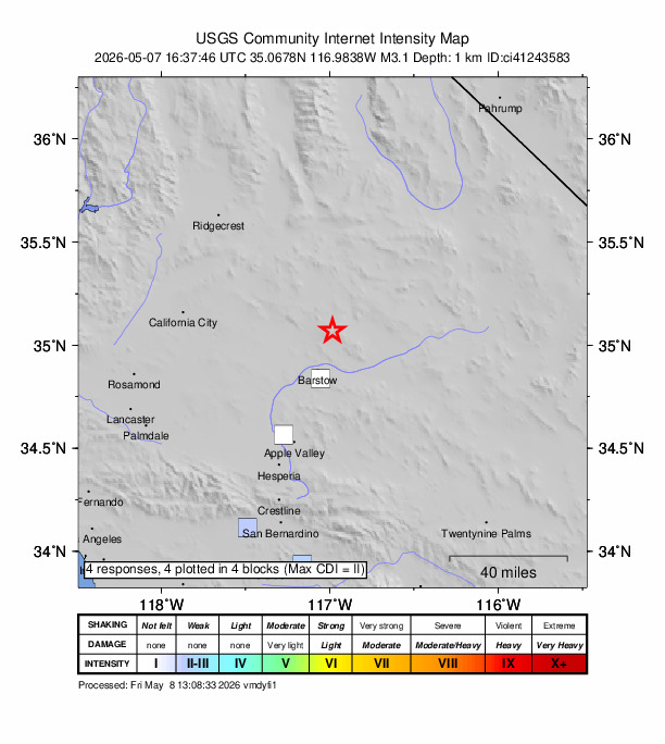 USGS DYFI community-reported intensity map for the M3.1 earthquake near 19 km N of Barstow, CA