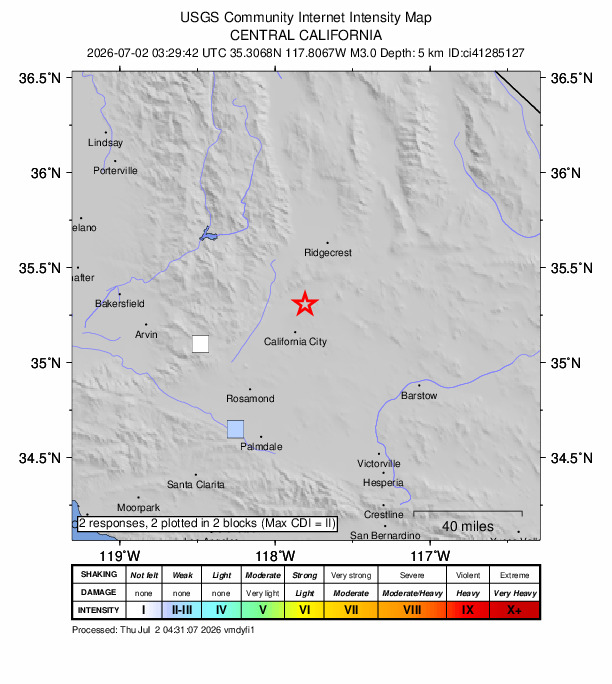 USGS DYFI community-reported intensity map for the M3.0 earthquake near 17 km WSW of Johannesburg, CA
