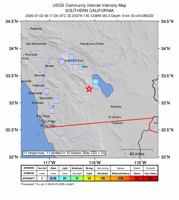 USGS DYFI community-reported intensity map for the M3.3 earthquake near 12 km N of Ocotillo Wells, CA