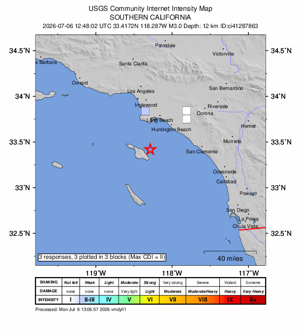 USGS DYFI community-reported intensity map for the M3.0 earthquake near 9 km NNE of Avalon, CA