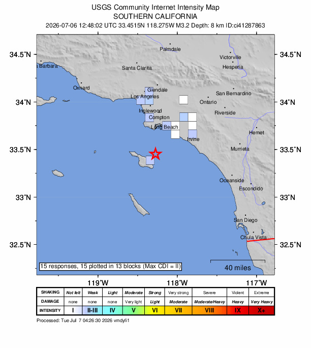 USGS DYFI community-reported intensity map for the M3.2 earthquake near 13 km NNE of Avalon, CA