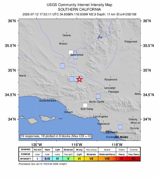 USGS DYFI community-reported intensity map for the M2.9 earthquake near 2 km SSE of Frazier Park, CA