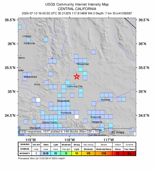 USGS DYFI community-reported intensity map for the M4.3 earthquake near 18 km WSW of Johannesburg, CA