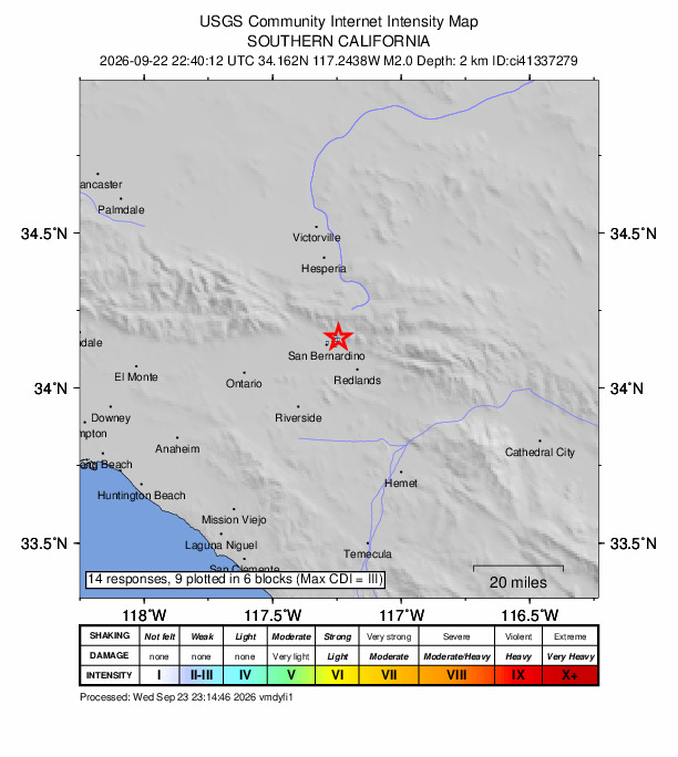 USGS DYFI community-reported intensity map for the M2.0 earthquake near 5 km NW of Highland, CA