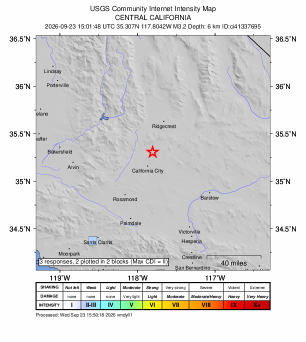 USGS DYFI community-reported intensity map for the M3.2 earthquake near 17 km WSW of Johannesburg, CA
