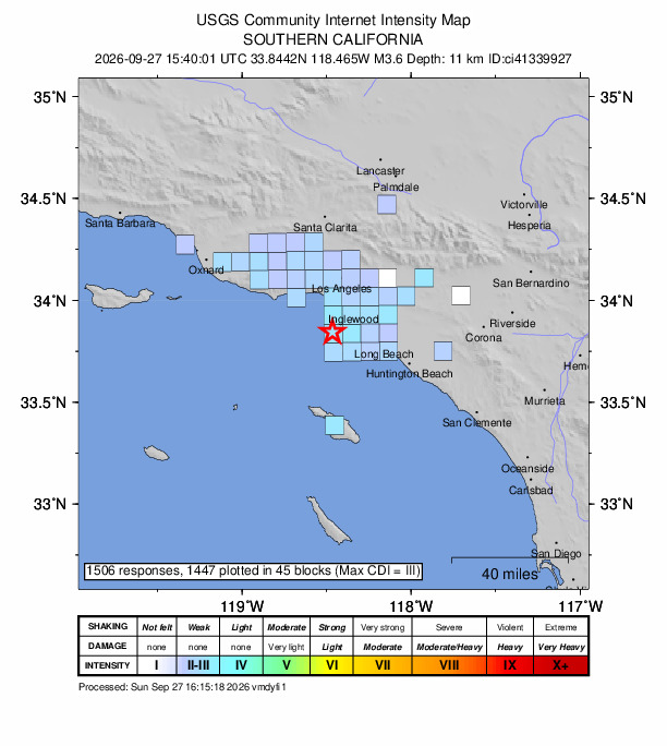 USGS DYFI community-reported intensity map for the M3.6 earthquake near 6 km WSW of Hermosa Beach, CA