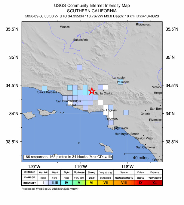 USGS DYFI community-reported intensity map for the M3.8 earthquake near 4 km SE of Piru, CA