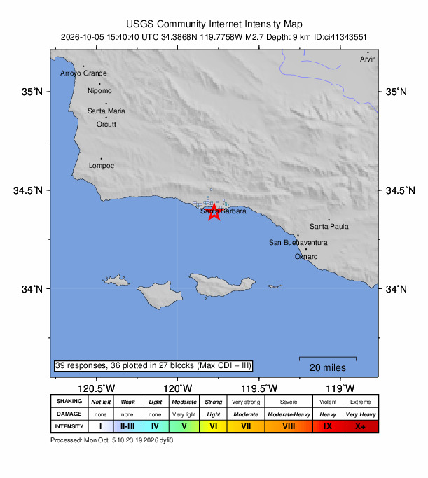 USGS DYFI community-reported intensity map for the M2.7 earthquake near 7 km SE of Goleta, CA