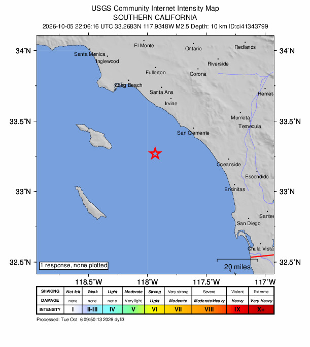 USGS DYFI community-reported intensity map for the M2.5 earthquake near 31 km SW of Dana Point, CA