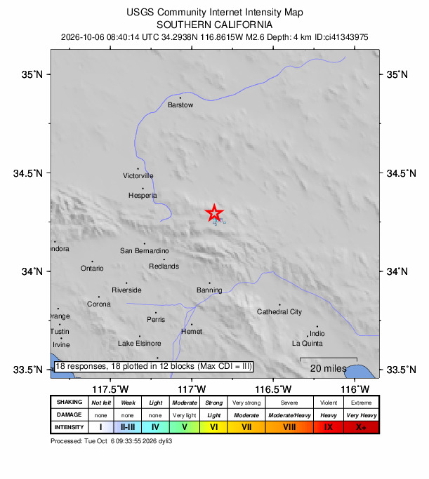 USGS DYFI community-reported intensity map for the M2.6 earthquake near 4 km NNW of Big Bear City, CA