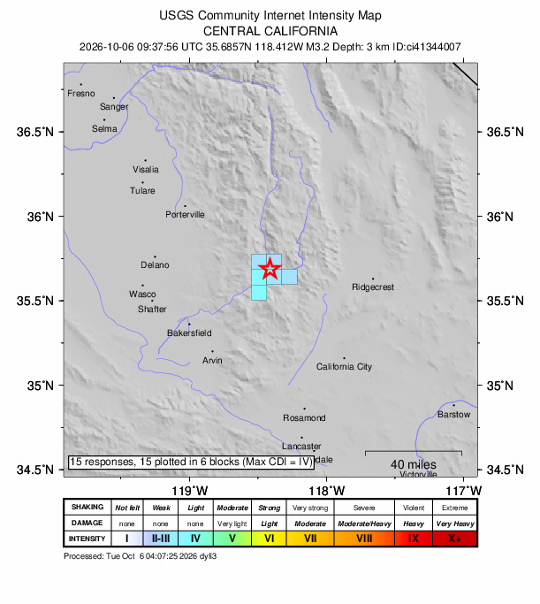 USGS DYFI community-reported intensity map for the M3.2 earthquake near 5 km ESE of Wofford Heights, CA