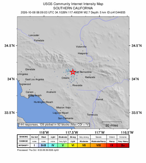 USGS DYFI community-reported intensity map for the M2.7 earthquake near 2 km WNW of Fontana, CA