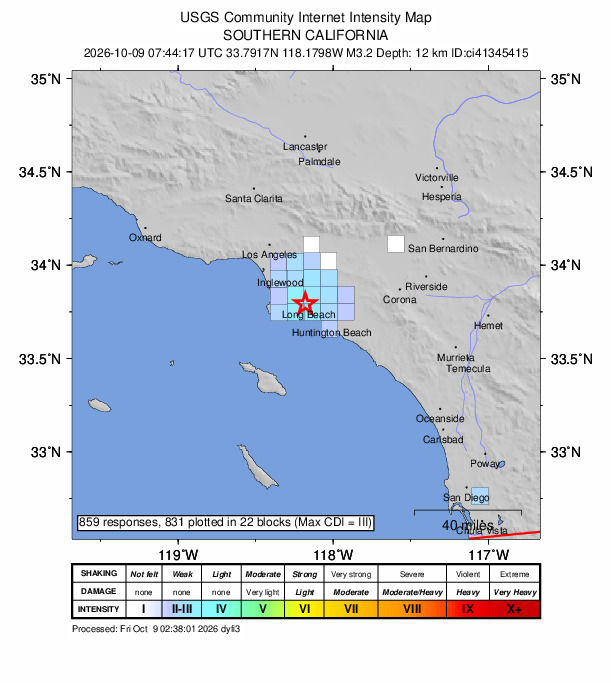 USGS DYFI community-reported intensity map for the M3.2 earthquake near 2 km SW of Signal Hill, CA