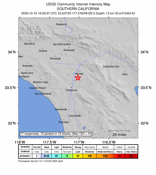 USGS DYFI community-reported intensity map for the M2.5 earthquake near 10 km SE of Winchester, CA