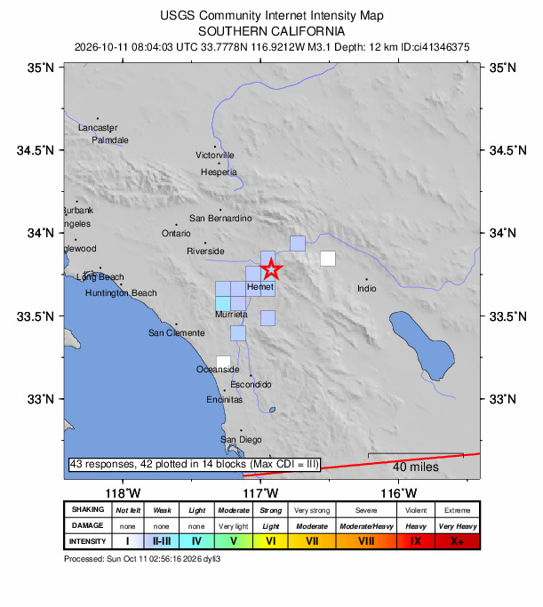 USGS DYFI community-reported intensity map for the M3.1 earthquake near 4 km E of San Jacinto, CA