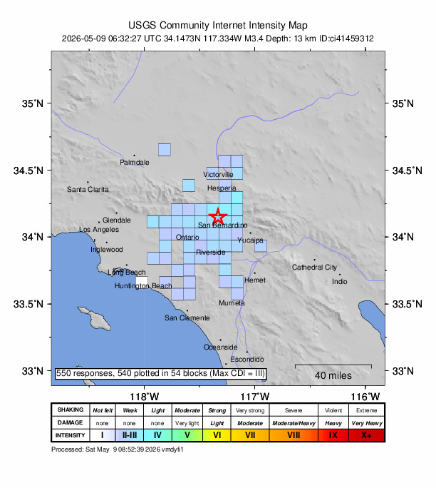 USGS DYFI community-reported intensity map for the M3.4 earthquake near 1 km SE of Muscoy, CA